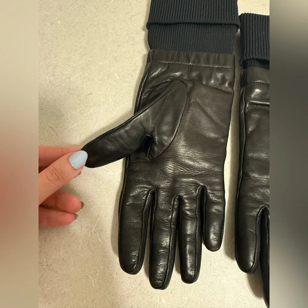 AUTH PRADA WOMENS LEATHER/NYLON CASHMERE LINED GLOVES, SIZE 7.5, MADE IN ITALY